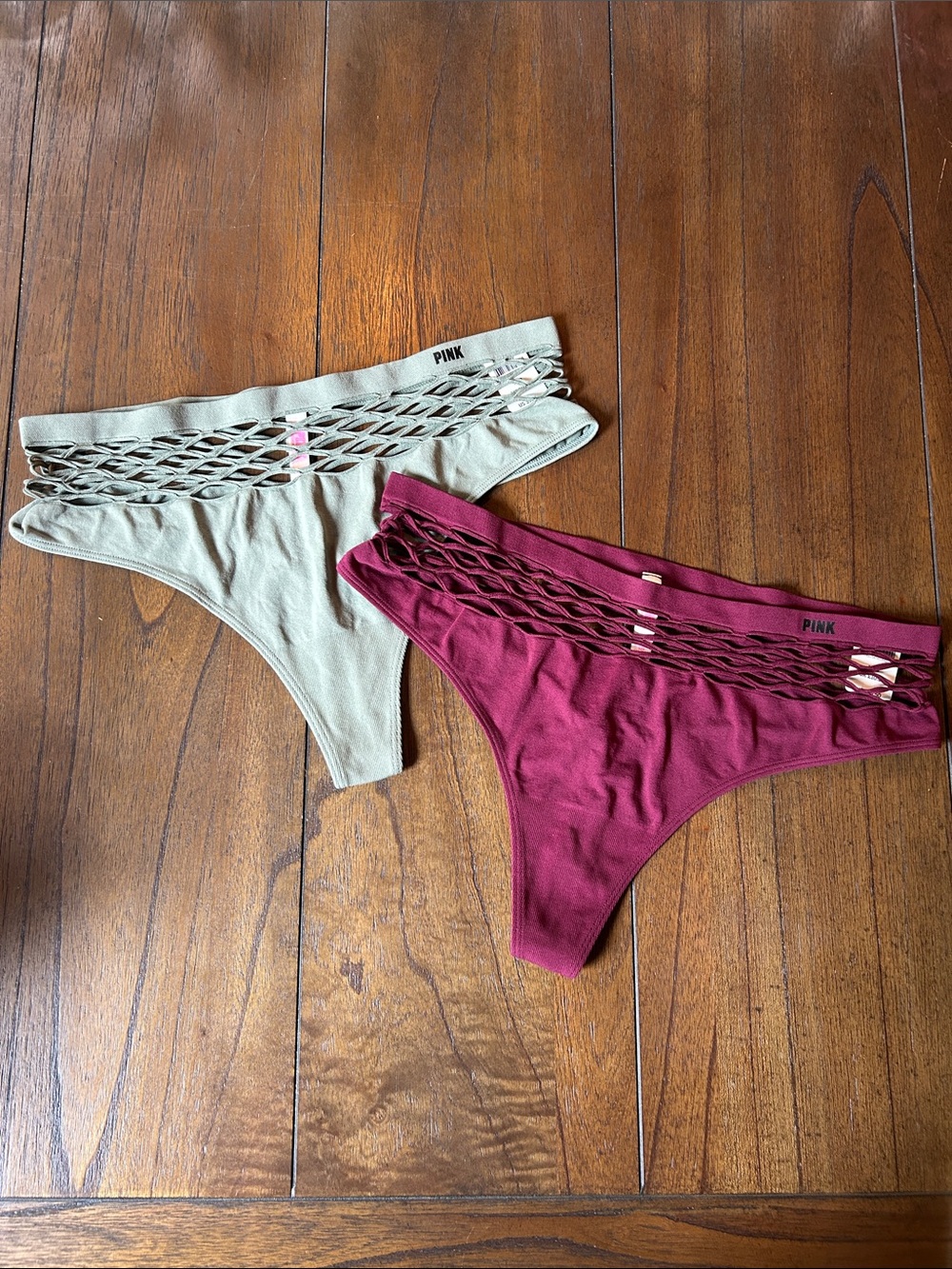 Pair 2 RARE Victoria's Secret PINK Fishnet Seamless High Waist Thong Panties